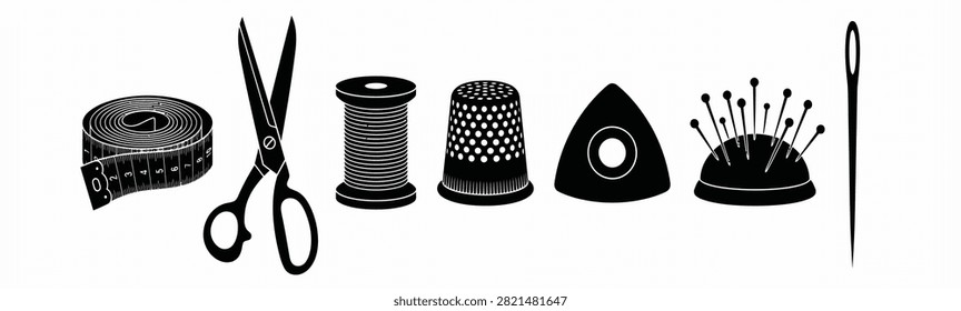 Sewing and Tailoring Tools Silhouette Vector Set - Collection of 7 Black Crafting Supplies Symbols Including Tape Measure, Scissors, Thread Spool, Thimble, Tailor's Chalk, Pin Cushion, and Needle for Dressmaking and Textile Design

