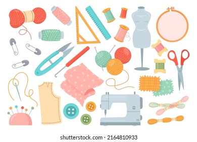 Sewing and tailoring tools, supplies set. Sewing machine, scissors, mannequin fitting, roll of fabric, pin, bobbin thread spool button needle zipper elements. Vector illustration