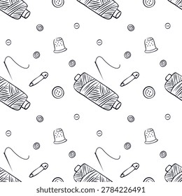 Sewing and tailoring vector seamless pattern. Hand drawn doodle backdrop with thread spools, needles, buttons, and thimbles