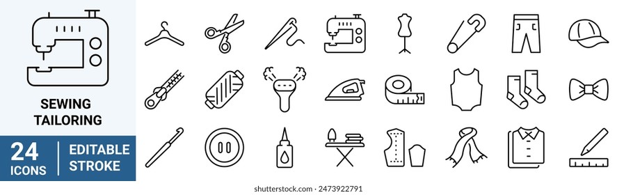 Sewing and Tailoring web line icons. Contains such Icons as Sewing Machine, Measuring Tape, Wool and more. Editable Stroke.