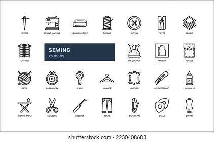 sewing taylor dressmaking clothing fabric textile detailed outline icon set. simple vector illustration