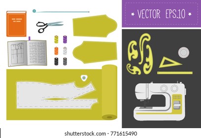 sewing technology. learning tailoring. Tools of a seamstress. Set of sewing accessories. Sewing workshop. Atelier. The cutting of the fabric. Building block dresses. fashion designer. Sewing school. 
