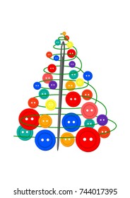 Sewing theme creative design: Christmas tree made of needle, thread and buttons