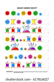 Sewing themed educational logic game training sequential pattern recognition skills: What comes next in the sequence? Answer included.
