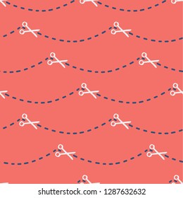 Sewing themed seamless repeat pattern of scissors cutting along dashed lines. Coral, navy blue and white. All over print, great for sewing and fashion themes, textiles, gift wrapping paper, cards.