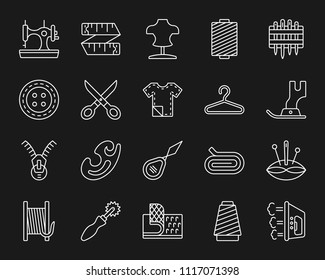 Sewing thin line icons set. Outline monochrome sign kit of fashion. Embroidery linear icon collection includes velcro fastener, spool, thimble. Simple sewing white contour symbol vector Illustration