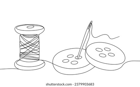 Sewing thread, sewing needle and unsewn buttons. National Button Day. One line drawing for different uses. Vector illustration.