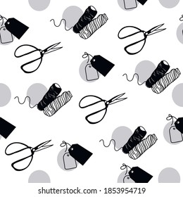 Sewing thread on a spool, tags and scissors seamless pattern. Vector