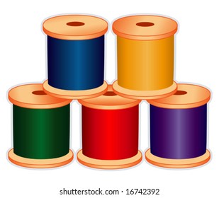 Sewing Thread, primary colors, wood spools for sewing, fashion, tailoring, dressmaking, quilting, needlework, textile arts, homemade, handmade craft, DIY hobbies. Isolated on white. EPS8 compatible.