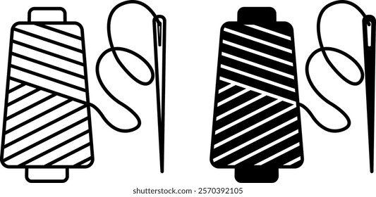 Sewing Thread Spool Icons. Black and White Vector Illustrations. Thread and Needle. Sewing Kit. Fashion Concept