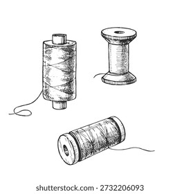Boceto de Vector de bobinas de hilo de coser. Bobinas textiles dibujadas a mano para costura. Ilustración de tinta de Antiguas de suministros de artesanía.
