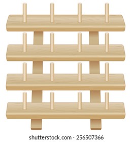 Sewing Thread Storage Rack with pegs. Four shelf pine wood for spools of thread,  isolated on white background for do it yourself sewing, tailoring, quilting, crafts, embroidery, EPS8 compatible.