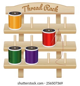 Sewing Thread Storage Rack with pegs, engraved text.  Three shelf pine wood, needle, spools, isolated on white background for DIY sewing, tailoring, quilting, crafts, embroidery, EPS8 compatible.