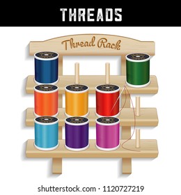 Sewing Thread Wood Rack, three shelves pine wood, engraved text, silver needle, multi color spools of thread, for sewing, tailoring, quilting, crafts, embroidery, do it yourself stitching.