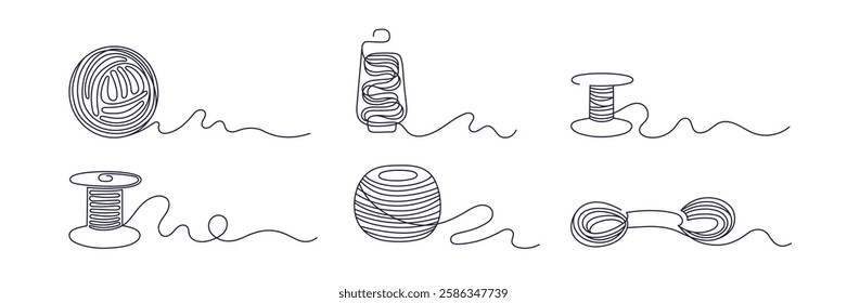 Sewing threads. Line ball, yarns, spools of knitting yarn for design textile tailor shop and handicraft hobbi. Vector outline sign set in sketch hand drawn style. Editable stroke