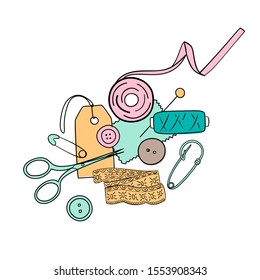 Sewing threads set. scissors, pin, patch, needle, safety pin, tag, label, silhouette ink pen. Hand drawn