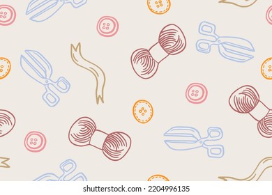 Sewing threads set seamless pattern template Sewing threads. silhouette ink pen. Hand drawn engraving