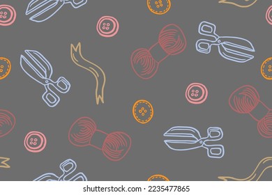 Sewing threads set seamless pattern template Sewing threads. silhouette ink pen. Hand drawn engraving