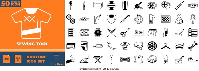 Sewing Tool Duotone Editable Icons set. Vector illustration in modern thin duotone style of sewing tool icons: cloth roller, fabrics, Knife cutter, etc