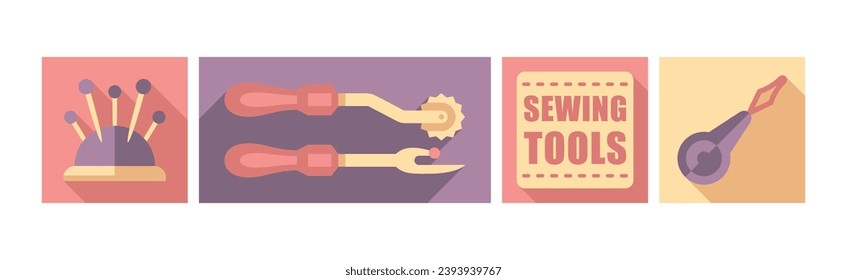 Sewing Tool and Equipment Icons for Needlework Vector Set