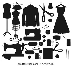 Sewing tool and equipment of tailor shop isolated black silhouettes. Vector needles, buttons and pins, thread spools, sewing machines and fabric with scissors, tape measure, thimble and mannequins