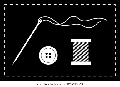 Sewing tool icon collection - Set of needle and a thread, button and spool of thread. white color silhouette object design. vector art image illustration, isolated on black background with seam frame