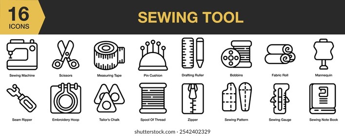 Sewing Tool icon set. Includes sewing machine, scissors, measuring, embroidery, bobbin, mannequin, and More. Outline icons vector collection.