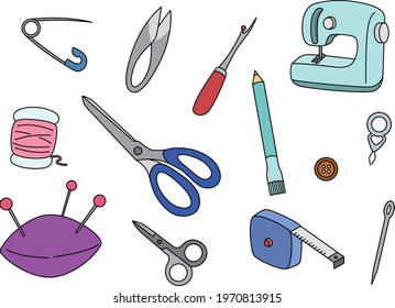 Sewing tool illustration sewing machine scissors chaco pencil tape measure tweezers