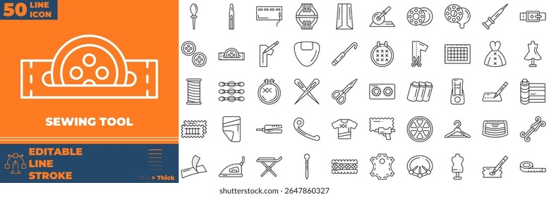 Sewing Tool Line Editable Icons set. Vector illustration in modern thin line style of sewing tool icons: cloth roller, fabrics, Knife cutter, etc