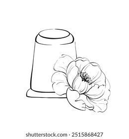 Sewing tool - retro thimble, craft hobby decoration for clothing, needle, sewing tool with flower, rose. Vintage fashion illustration for design. Graphic vector line, hand drawn, black silhouette for