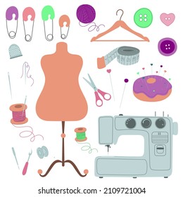 Sewing tool set. Isolated. Sewing machine, buttons, thread, needles, scissors, thimble, dummy. Sewing kit. Hand drawing. For print, web design.