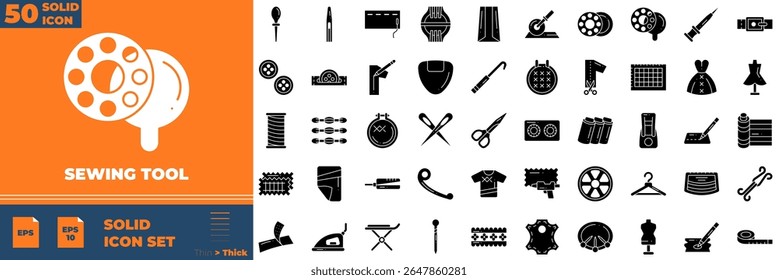 Sewing Tool Solid Editable Icons set. Vector illustration in modern thin solid style of sewing tool icons: cloth roller, fabrics, Knife cutter, etc