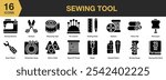 Sewing Tool solid icon set. Includes sewing machine, scissors, measuring, embroidery, bobbin, mannequin, and More. Solid icons vector collection.