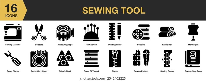 Conjunto de ícones sólidos da Ferramenta de costura. Inclui máquina de costura, tesoura, medição, bordados, bobina, manequim e muito mais. Coleção vetorial de ícones sólidos.