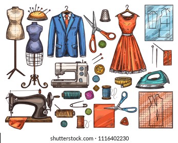 Sewing tool and tailor equipment sketch for atelier or fashion workshop design. Sewing machine, needle and scissors, thread, button and pin, mannequin, fabric, and spool, dress, suit and pattern icon