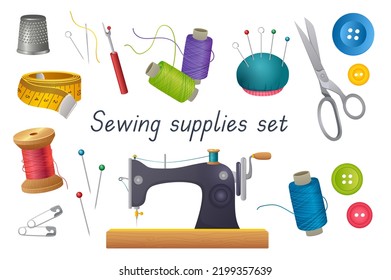 Sewing tools 3d realistic set. Bundle of thimble, needles, pins in holder, thread in reels, scissors, buttons, measuring tape, sewing machine, yarn and other isolated elements.Vector illustration