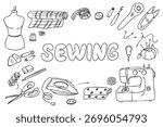 Sewing tools and accessories arranged around the word sewing in hand drawn style, including sewing machine, mannequin, scissors. Represents creativity, fashion design and handmade craft concept
