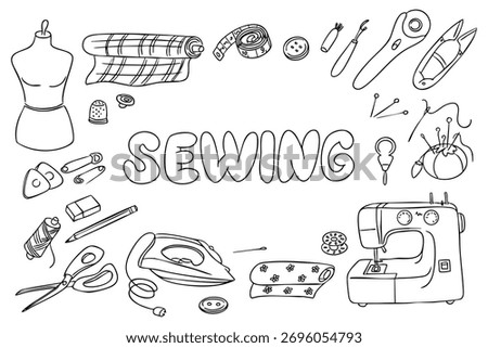 Sewing tools and accessories arranged around the word sewing in hand drawn style, including sewing machine, mannequin, scissors. Represents creativity, fashion design and handmade craft concept