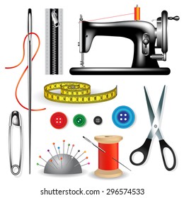 Sewing tools and accessories on a white background. Vector illustration