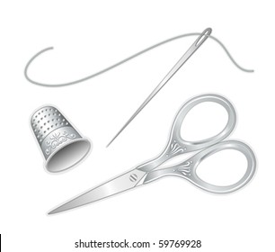 Sewing Tools. Antique silver engraved embroidery scissors, thimble, needle, thread isolated on white background. For needle craft, tailoring, fashion, quilting, DIY sewing. EPS8 compatible.