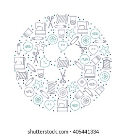 Sewing tools arrange in a round button. Vector line set of elements. 