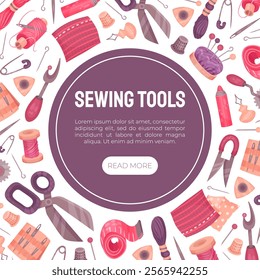 Sewing Tools Banner Design with Handcraft Equipment Vector Template