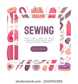 Sewing Tools Banner Design with Handcraft Equipment Vector Template