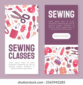 Sewing Tools Banner Design with Handcraft Equipment Vector Template