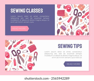 Sewing Tools Banner Design with Handcraft Equipment Vector Template