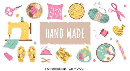 Sewing tools banner. Scissors, balls of thread and fabric, needles and sewing machine with inscription Hand made. Sewing and atelier equipment. Template and mock up. Cartoon flat vector illustration