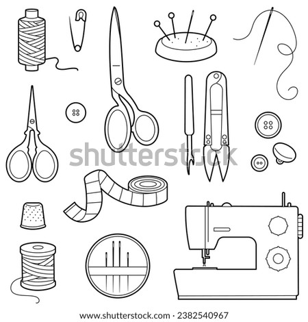 Sewing tools black outline set. Sewing accessories for hobby.   Buttons, threads, sewing machine, scissors, pillow with needles, centimeter.