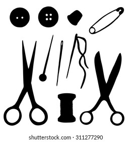 Sewing tools black silhouettes, scissors, pin, thimble, thread with needle, bobbin, buttons closeup isolated on white background set 