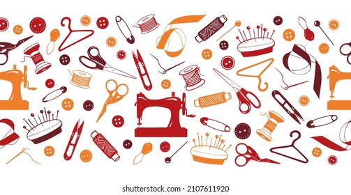 Sewing Tools Border, Banner with Hand Drawn Elements. Tailoring accessories - threads, scissors, needles, pins, buttons. Vector Template for seamstress, atelier, fashion design