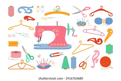 Sewing tools cartoon set, thread and scissors, yarn, needle bar, pin needle. Sewing accessories for hobby. Dressmaking needlework stitch fancywork, machine embroidery. Vector illustration